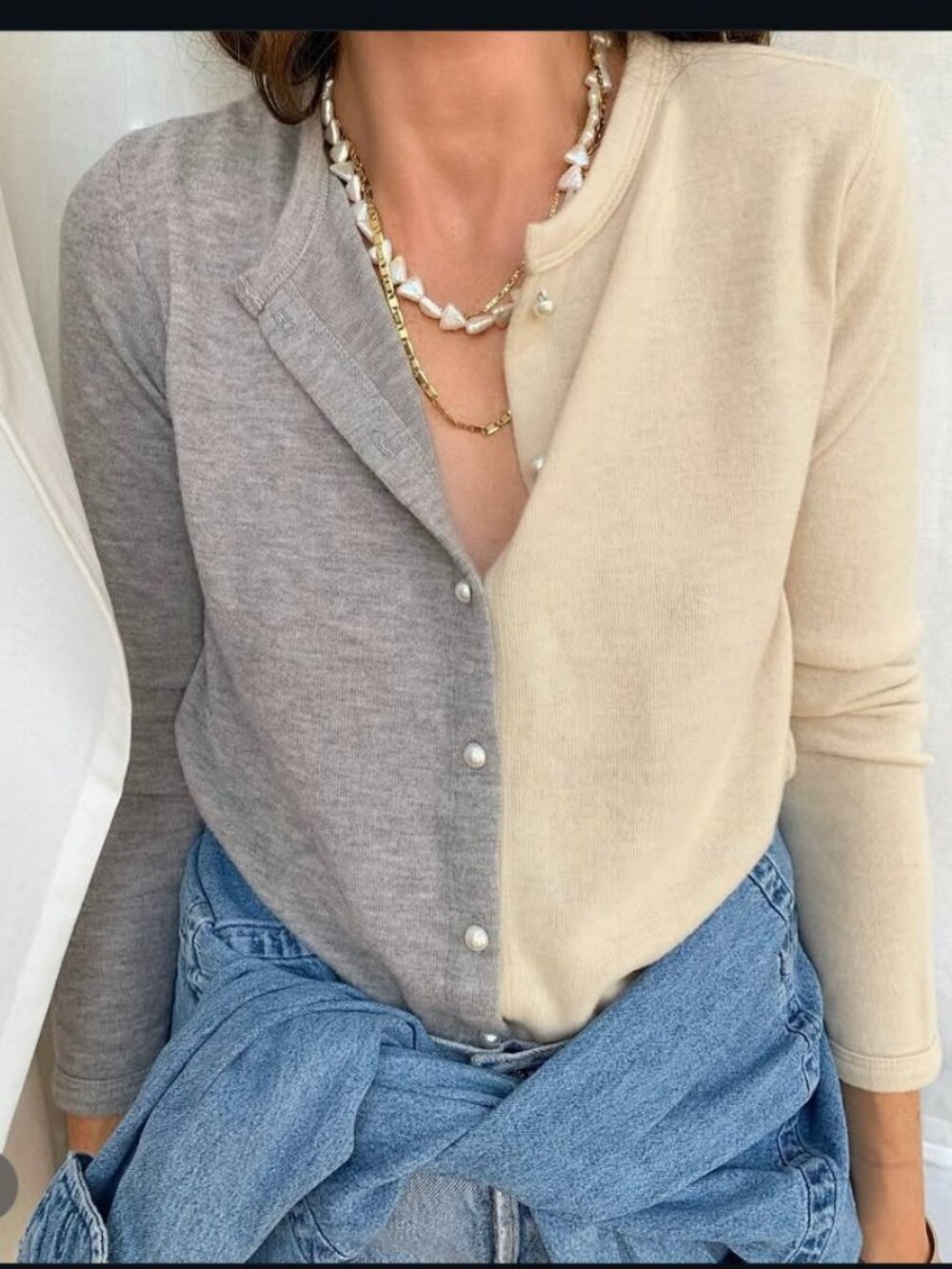 DONNI. Colorblock Knit Pearl Button Cardigan Sweater Grey & Cream Size Medium